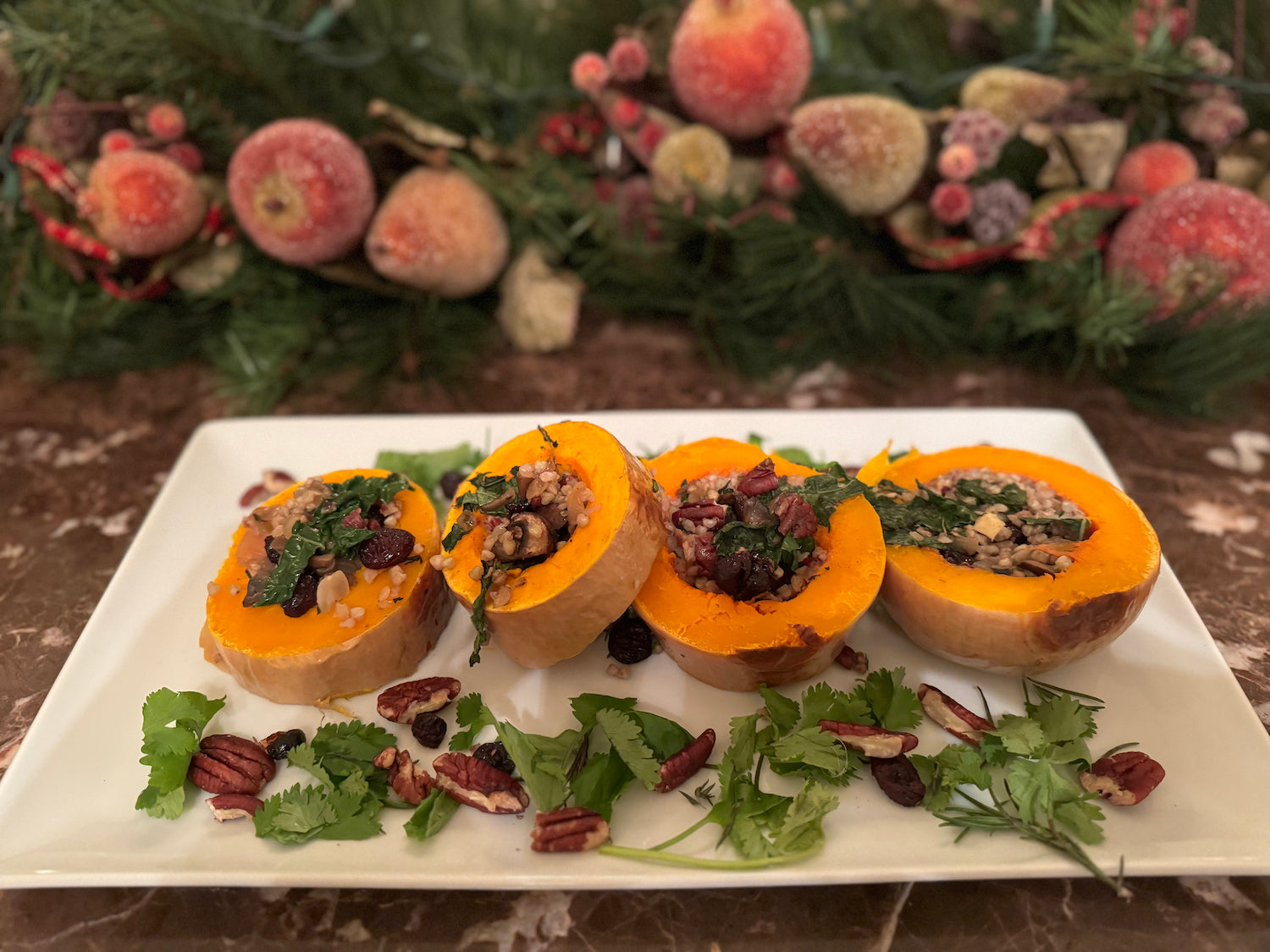 Holiday butternut squash stuffed with buckwheat, cranberries and vegetables