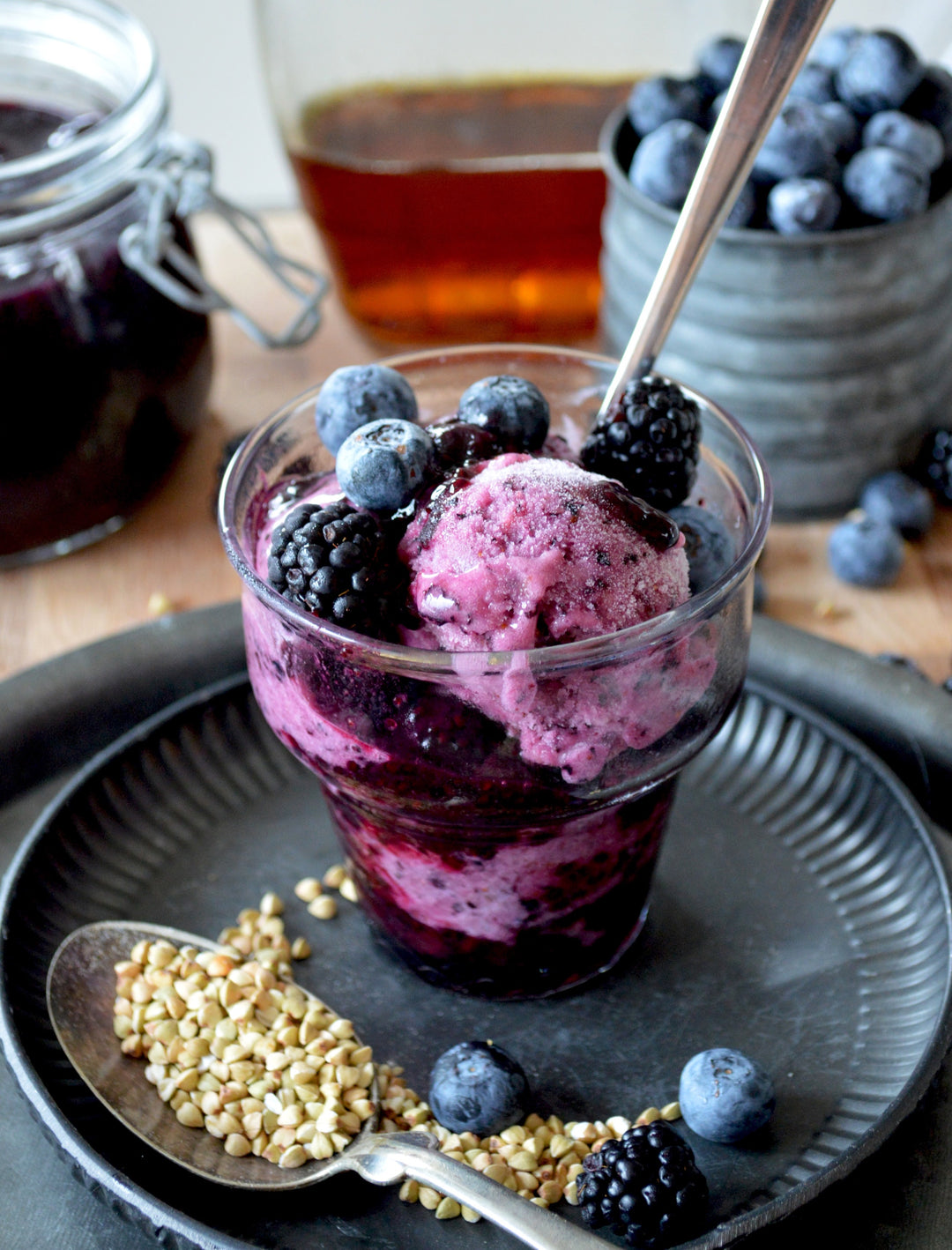 Berry Ice Cream with fresh fruit and buckwheat groats