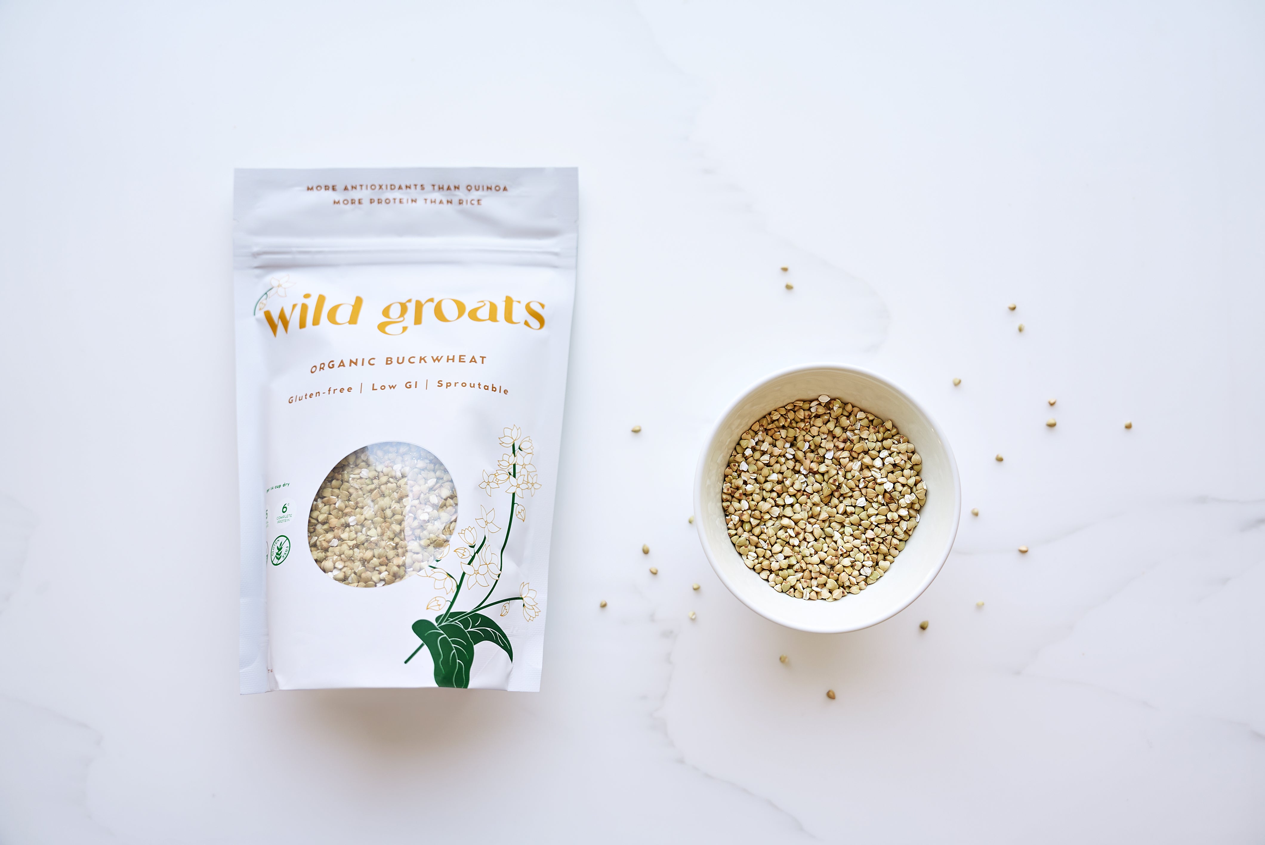 Wild Groats bag with buckwheat groats in small bowl