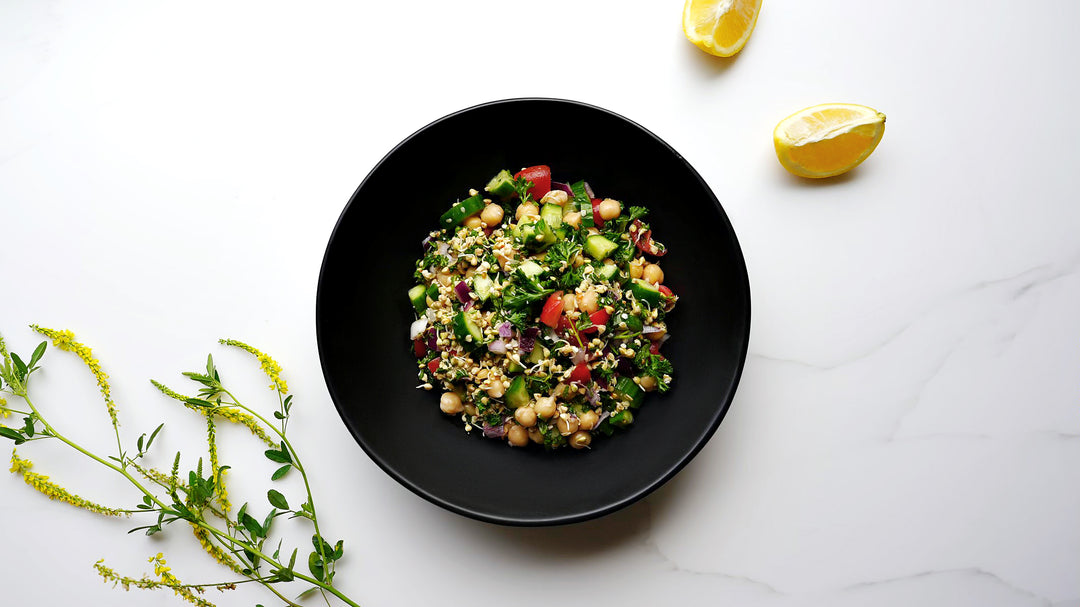 Mediterranean tabbouleh salad made with sprouted buckwheat groats