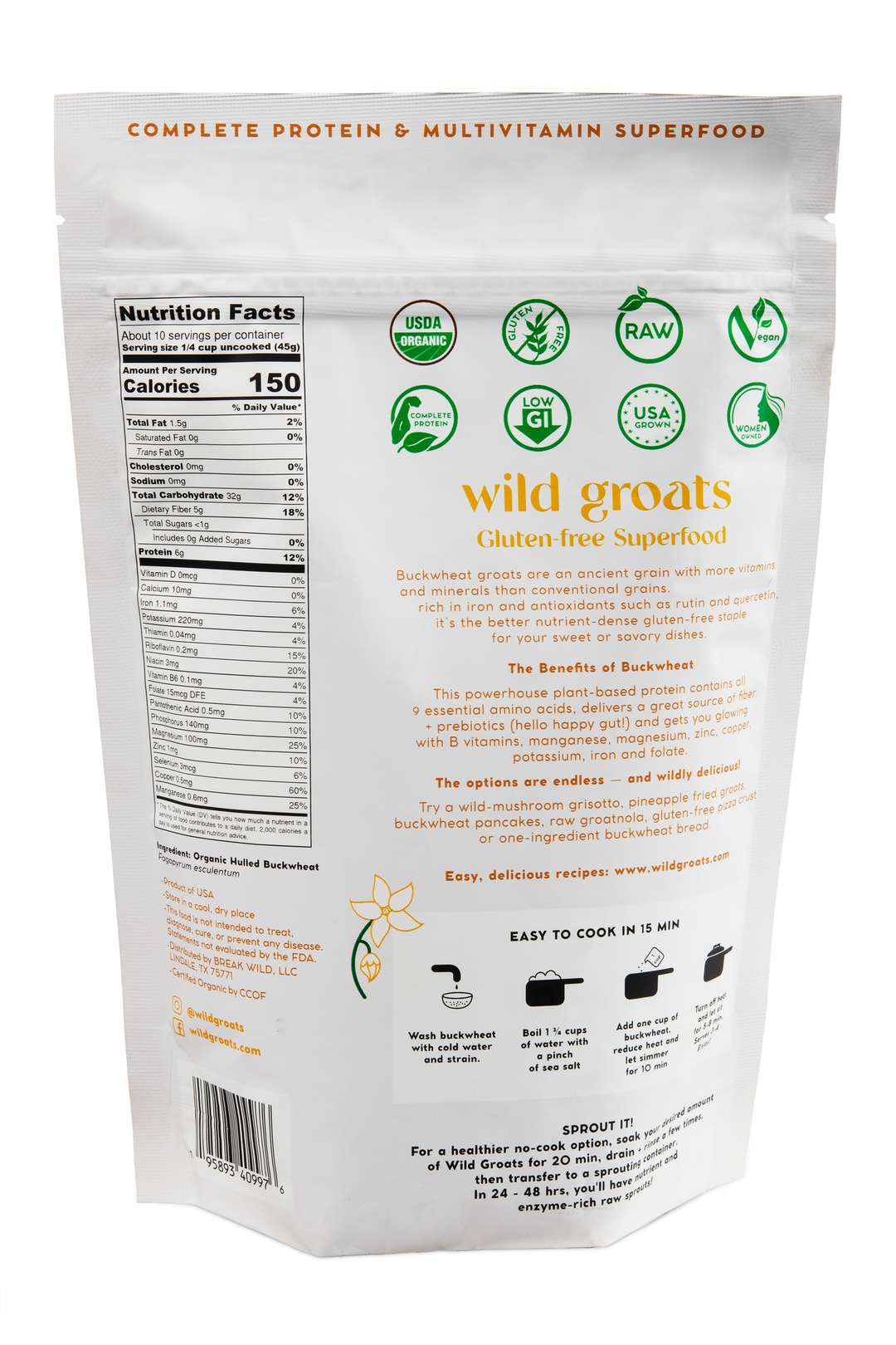 Wild Groats buckwheat groats bag back view product information