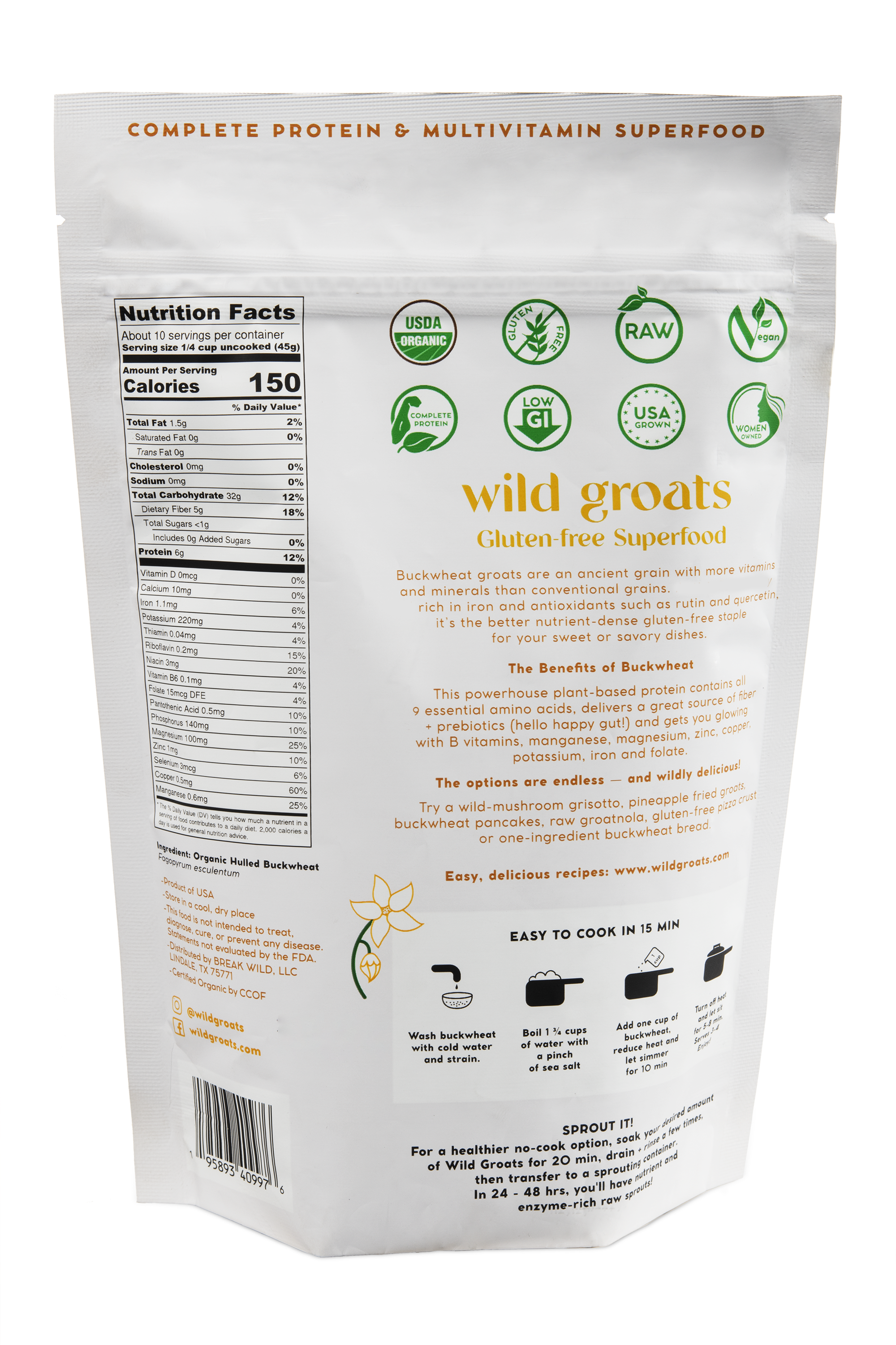 Wild Groats buckwheat groats bag back view product information