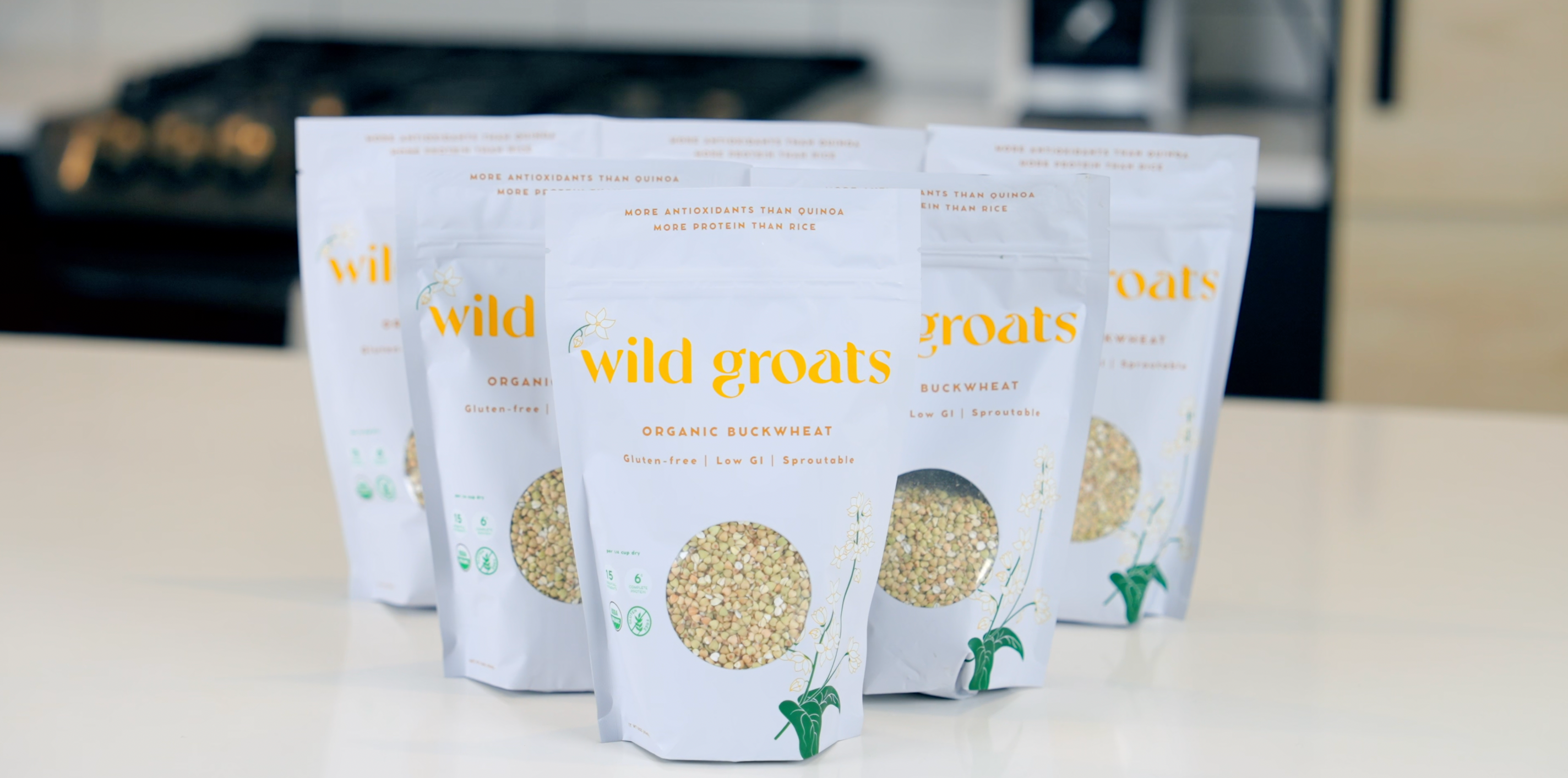 Bags of Wild Groats displayed on counter